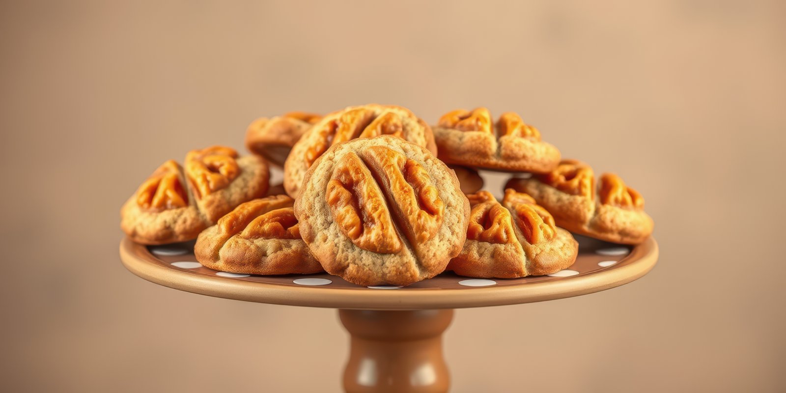 Delicious freshly baked cookies displayed on a wooden stand with a neutral background